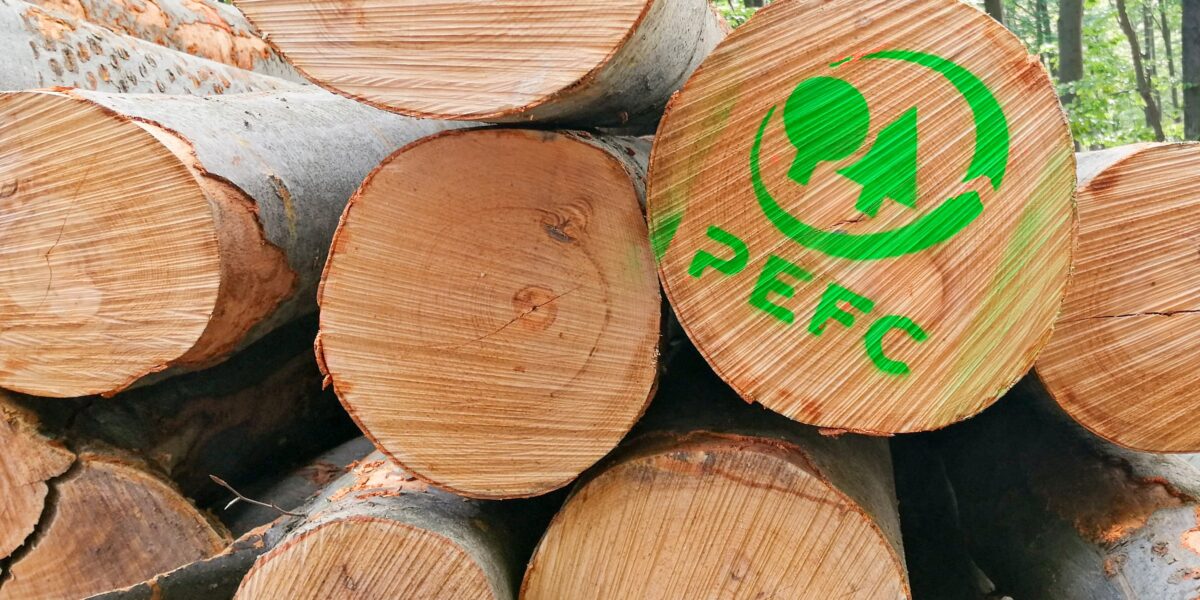 PEFC logo on sustainable wooden logs